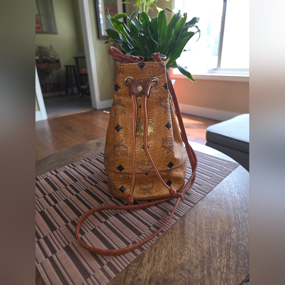 Rare MINI MCM Cognac Visetos Drawstring Bucket Bag